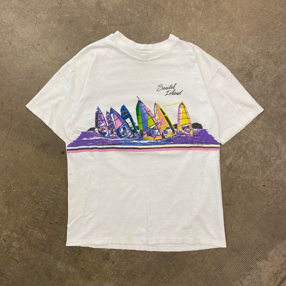 Vintage 90s Sanibel Island Sailing Wrap Around Hanes Destination Nature Shirt L